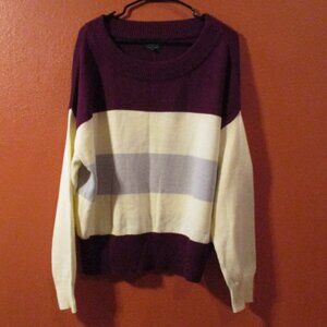 Lucky Brand Woman Large Red Gray White Stripe Long Sleeve Sweater